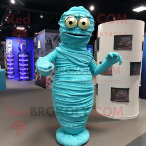 Cyan Mummy mascot costume character dressed with a Wrap Skirt and Keychains