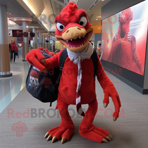 Red Utahraptor mascot costume character dressed with a Cardigan and Backpacks