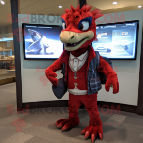 Red Utahraptor mascot costume character dressed with a Cardigan and Backpacks