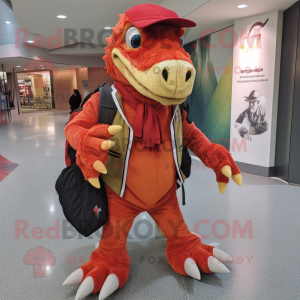 Red Utahraptor mascot costume character dressed with a Cardigan and Backpacks