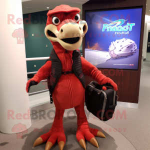 Red Utahraptor mascot costume character dressed with a Cardigan and Backpacks