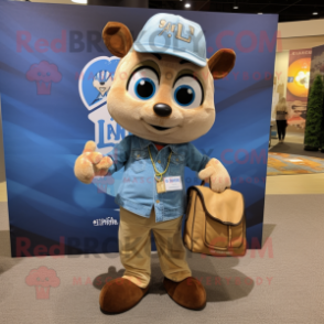 Tan Alliance mascot costume character dressed with a Denim Shirt and Tote bags