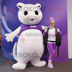 Purple Ermine mascot costume character dressed with a Yoga Pants and Backpacks