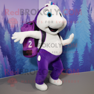 Purple Ermine mascot costume character dressed with a Yoga Pants and Backpacks