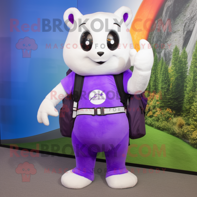 Purple Ermine mascot costume character dressed with a Yoga Pants and Backpacks