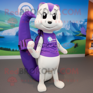 Purple Ermine mascot costume character dressed with a Yoga Pants and Backpacks