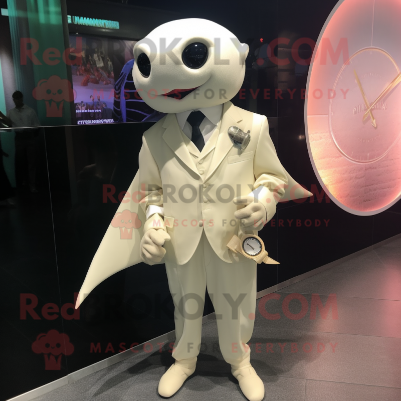 Cream Stingray mascot costume character dressed with a Suit Pants and Digital watches