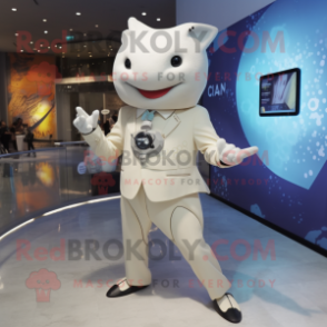 Cream Stingray mascot costume character dressed with a Suit Pants and Digital watches