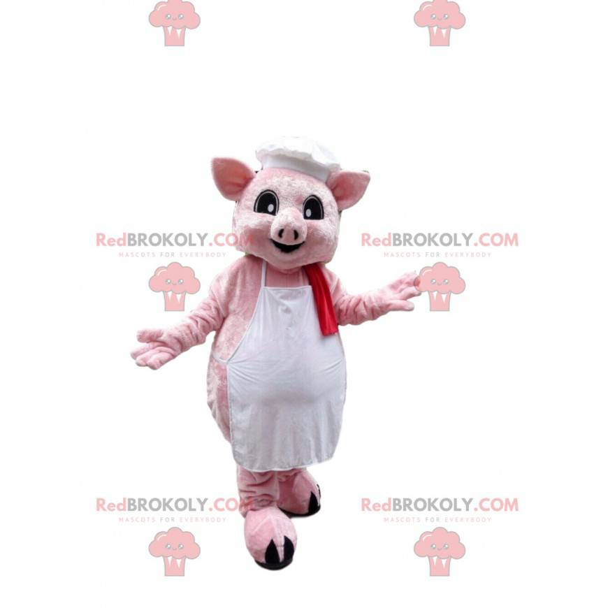 Mascotte de cochon rose habillé d'un tablier avec une toque -