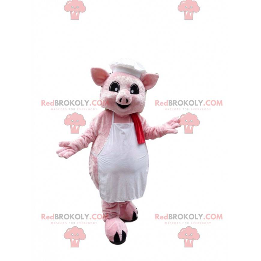 Rosa Schweinemaskottchen gekleidet in einer Schürze mit einer