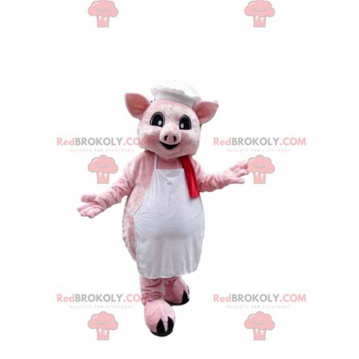 Mascotte di maiale rosa vestito con un grembiule con un