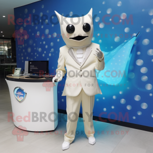 Cream Stingray mascot costume character dressed with a Suit Pants and Digital watches