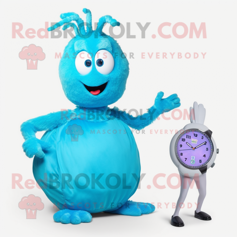 Cyan Shrimp Scampi mascot costume character dressed with a Ball Gown and Digital watches Cyan Shrimp Scampi mascot costume character dressed with a Ball Gown and Digital watches