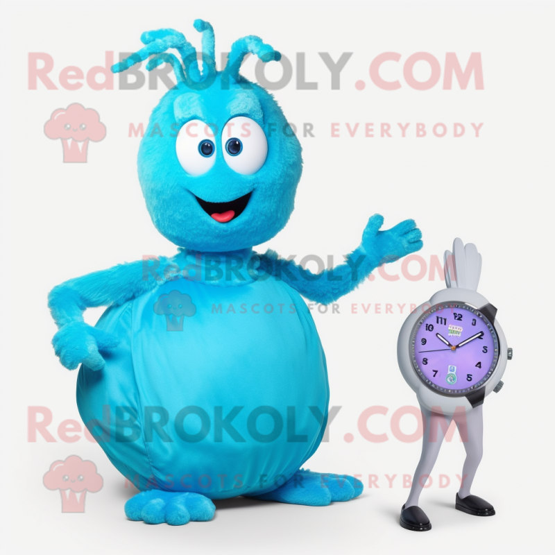 Cyan Shrimp Scampi mascot costume character dressed with a Ball Gown and Digital watches