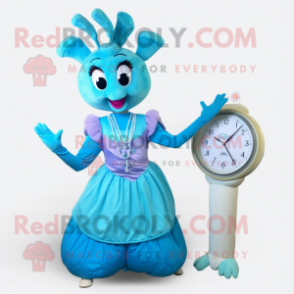 Cyan Shrimp Scampi mascot costume character dressed with a Ball Gown and Digital watches