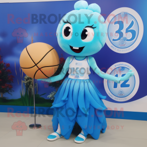 Cyan Shrimp Scampi mascot costume character dressed with a Ball Gown and Digital watches