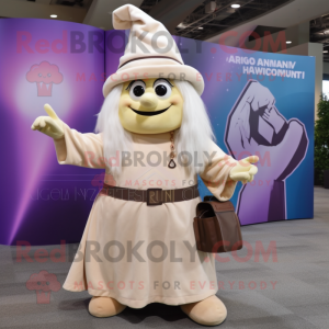 Cream Witch mascot costume character dressed with a Henley Shirt and Messenger bags