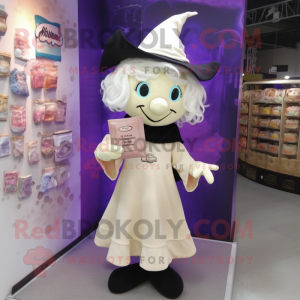 Cream Witch mascot costume character dressed with a Henley Shirt and Messenger bags