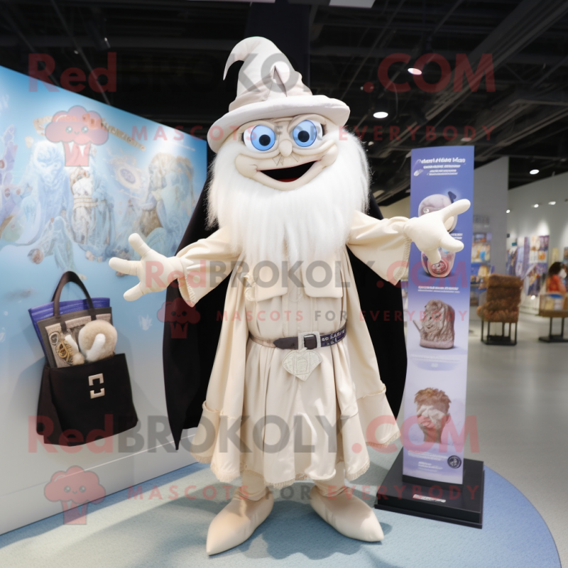 Cream Witch mascot costume character dressed with a Henley Shirt and Messenger bags