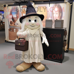 Cream Witch mascot costume character dressed with a Henley Shirt and Messenger bags