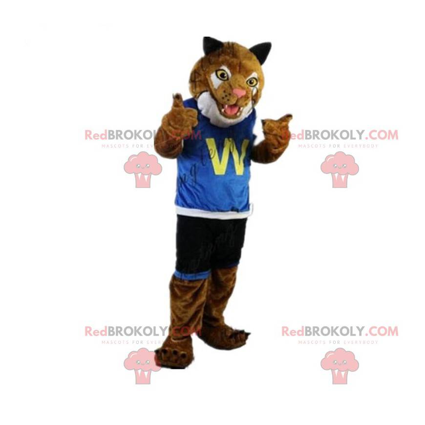 Mascote tigre vestido com roupa esportiva, fantasia de felino -