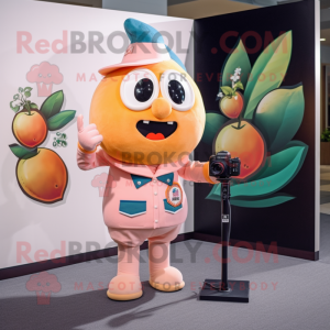 Peach Camera mascot costume character dressed with a Graphic Tee and Lapel pins