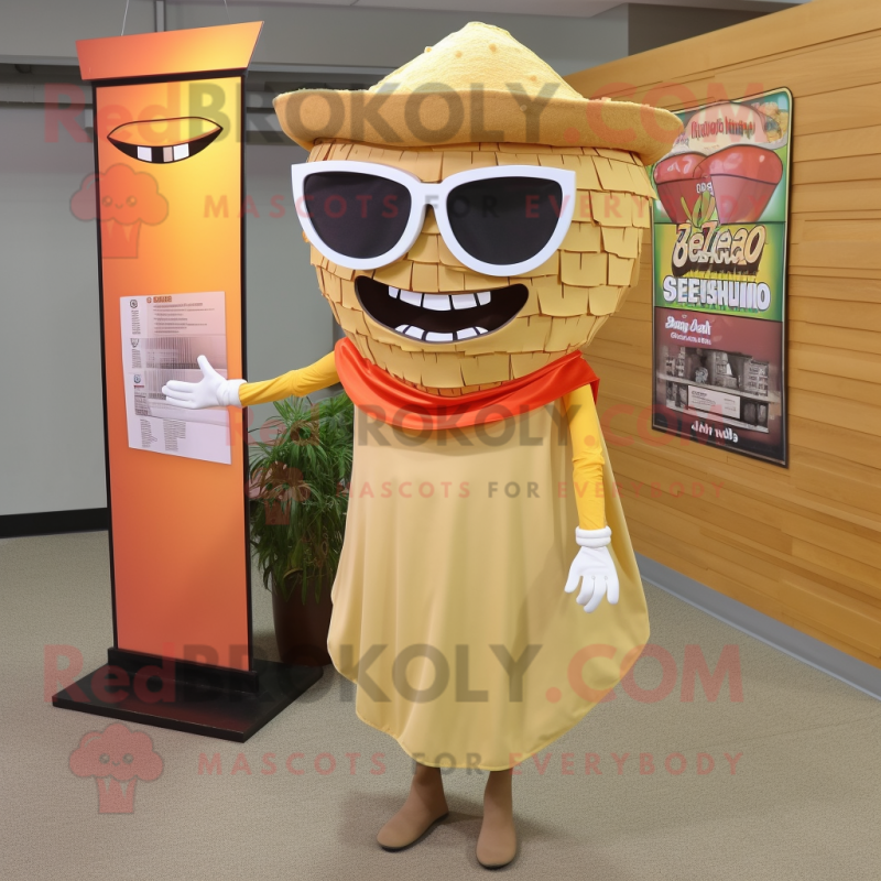 Tan Tacos mascot costume character dressed with a Sheath Dress and Sunglasses Tan Tacos mascot costume character dressed with a Sheath Dress and Sunglasses
