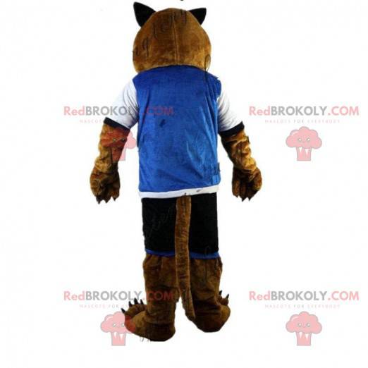 Mascote tigre vestido com roupa esportiva, fantasia de felino -