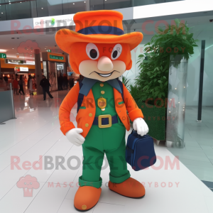 Orange Leprechaun Hat mascot costume character dressed with a Jeans and Clutch bags
