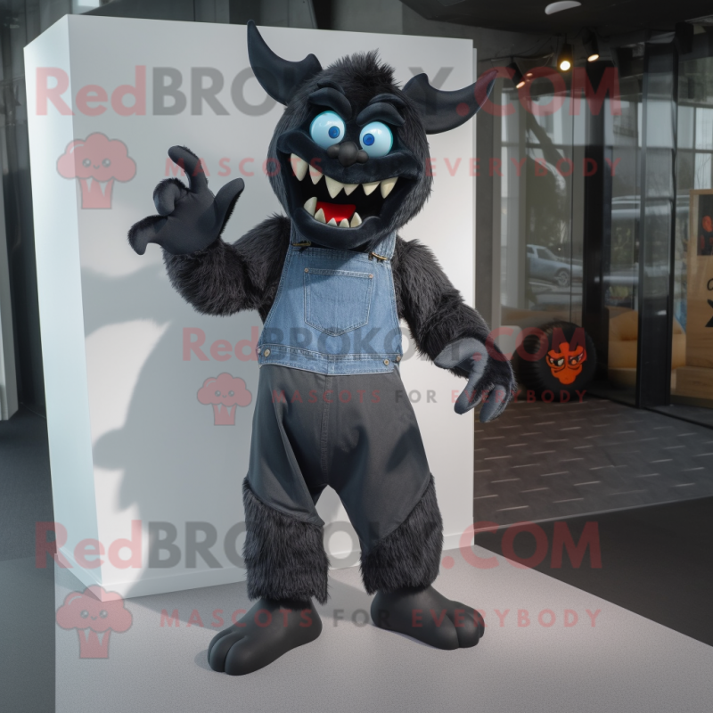 Black Devil mascot costume character dressed with a Boyfriend Jeans and Foot pads Black Devil mascot costume character dressed with a Boyfriend Jeans and Foot pads