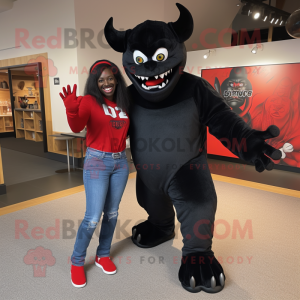 Black Devil mascot costume character dressed with a Boyfriend Jeans and Foot pads