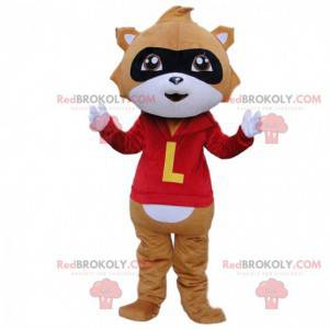 Brown and white raccoon mascot with a red outfit -