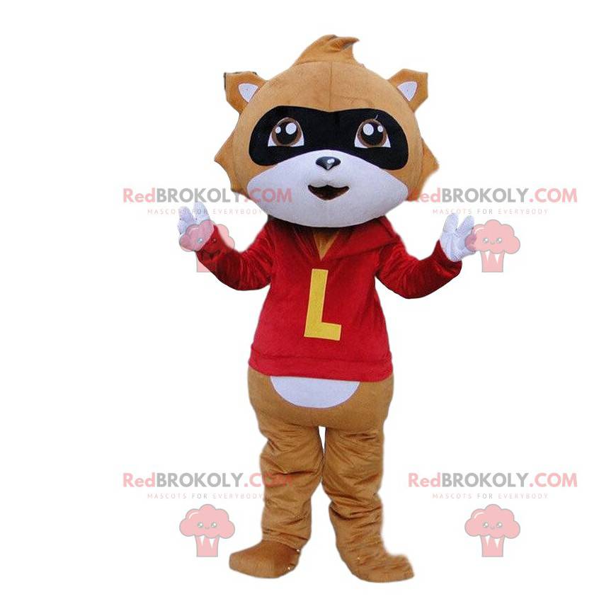 Mascota de mapache marrón y blanco con un traje rojo -