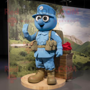 Blue American Soldier mascot costume character dressed with a Cargo Shorts and Messenger bags