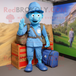 Blue American Soldier mascot costume character dressed with a Cargo Shorts and Messenger bags