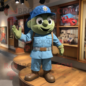 Blue American Soldier mascot costume character dressed with a Cargo Shorts and Messenger bags