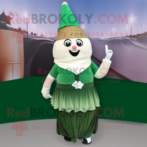 Forest Green Ice Cream Cone mascot costume character dressed with a Maxi Skirt and Suspenders