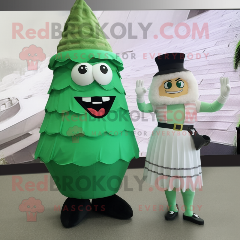 Forest Green Ice Cream Cone mascot costume character dressed with a Maxi Skirt and Suspenders Forest Green Ice Cream Cone mascot costume character dressed with a Maxi Skirt and Suspenders