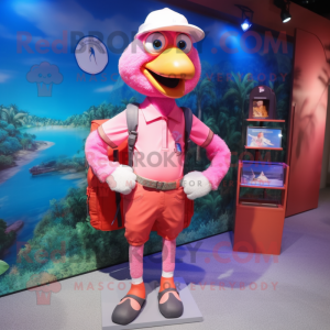 nan Flamingo mascot costume character dressed with a Polo Shirt and Backpacks