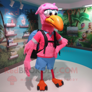 nan Flamingo mascot costume character dressed with a Polo Shirt and Backpacks