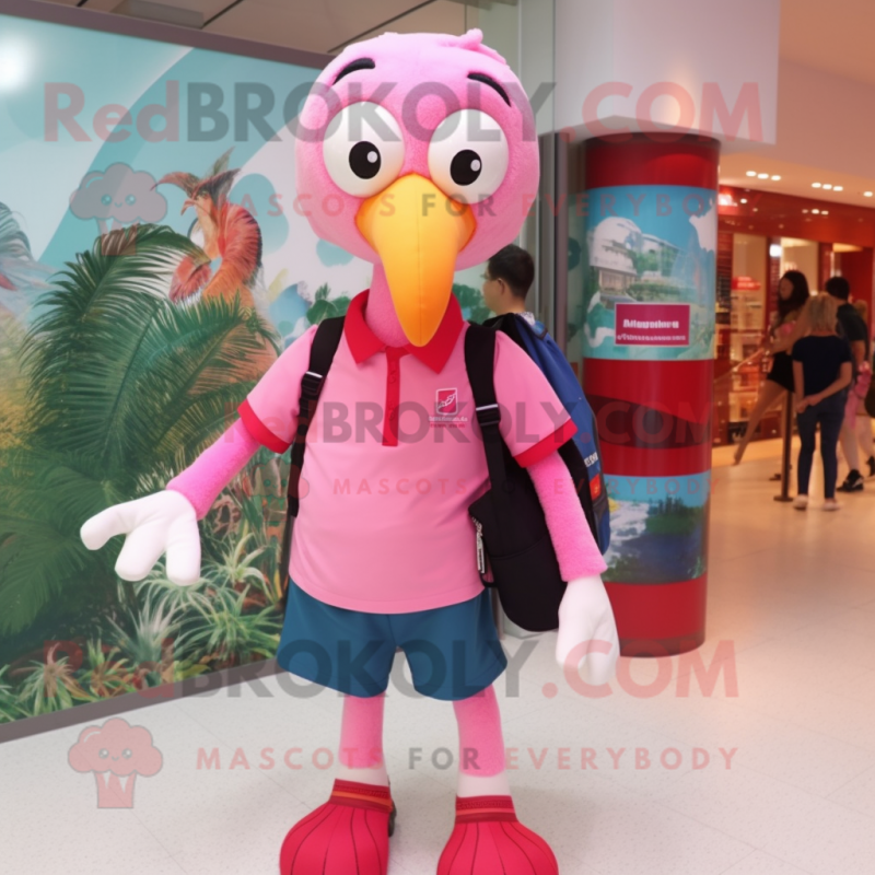 nan Flamingo mascot costume character dressed with a Polo Shirt and Backpacks