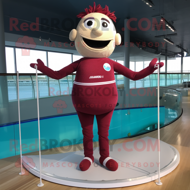 Maroon Tightrope Walker mascot costume character dressed with a One-Piece Swimsuit and Hair clips