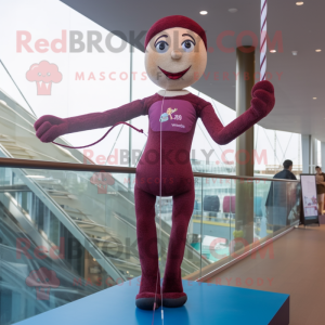 Maroon Tightrope Walker mascot costume character dressed with a One-Piece Swimsuit and Hair clips