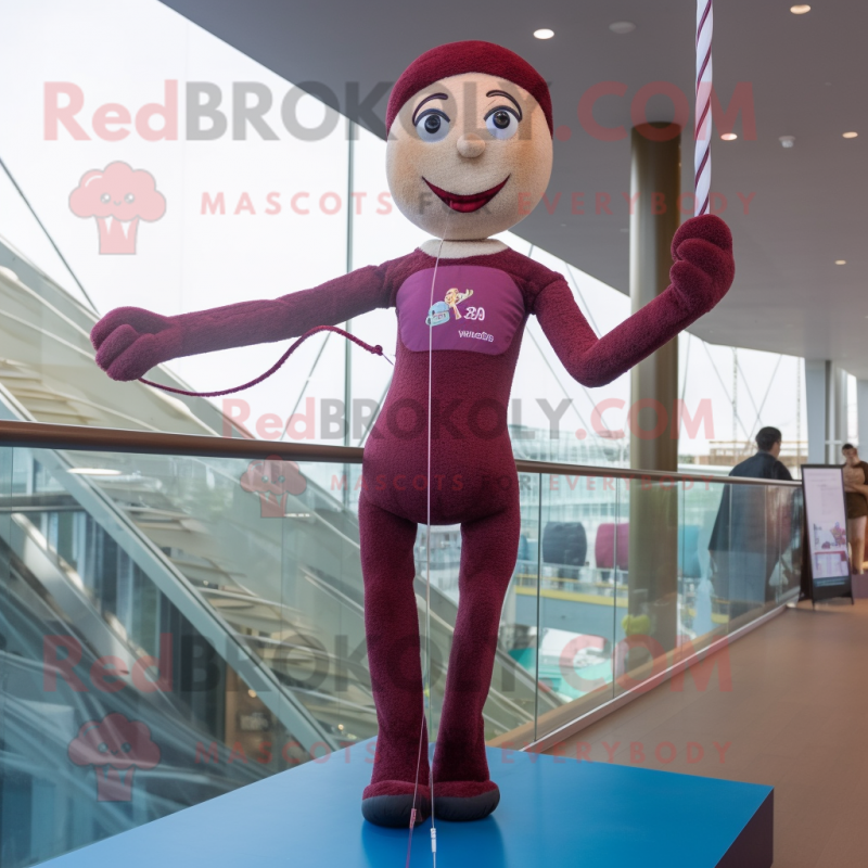 Maroon Tightrope Walker mascot costume character dressed with a One-Piece Swimsuit and Hair clips Maroon Tightrope Walker mascot costume character dressed with a One-Piece Swimsuit and Hair clips