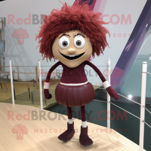 Maroon Tightrope Walker mascot costume character dressed with a One-Piece Swimsuit and Hair clips