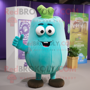 Cyan Turnip mascot costume character dressed with a Polo Tee and Shawl pins