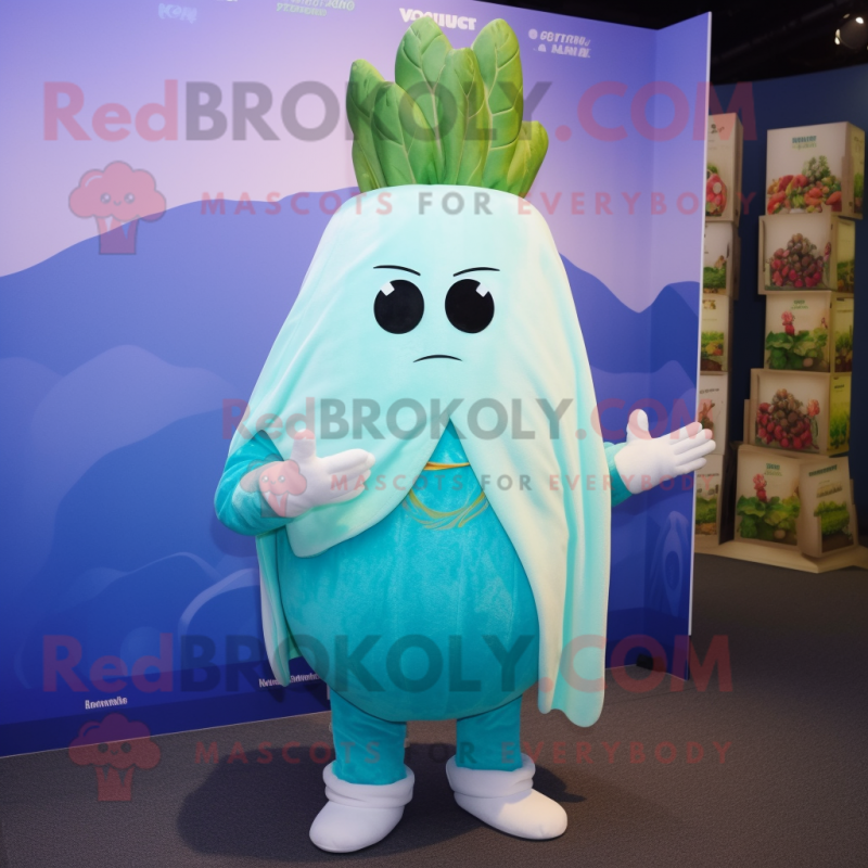 Cyan Turnip mascot costume character dressed with a Polo Tee and Shawl pins Cyan Turnip mascot costume character dressed with a Polo Tee and Shawl pins