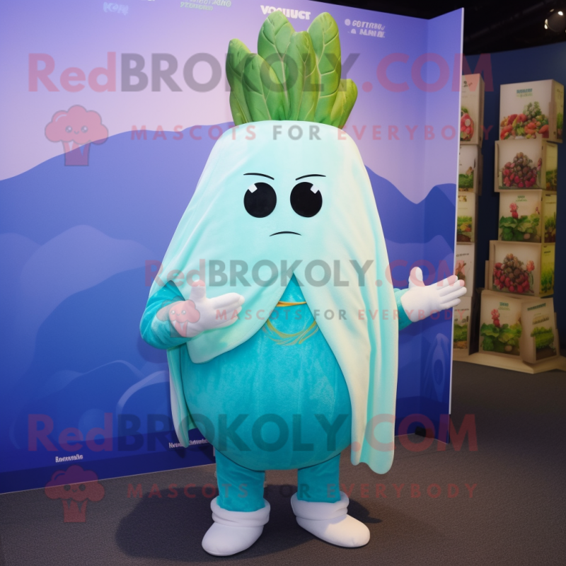 Cyan Turnip mascot costume character dressed with a Polo Tee and Shawl pins