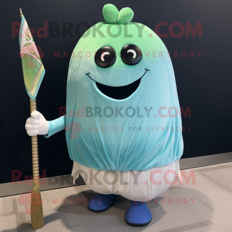 Cyan Turnip mascot costume character dressed with a Polo Tee and Shawl pins