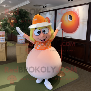 Peach Golf Ball mascot costume character dressed with a Midi Dress and Bracelet watches
